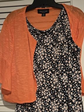 Perceptions Orange Open-Front Cardigan with Navy Floral Camisole